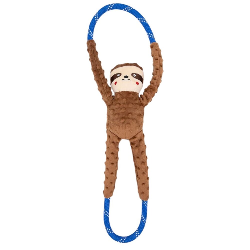 ZippyPaws Climbers Sloth Squeaky Dog Toy Brown Blue Climbing Rope Tug 28 Inch